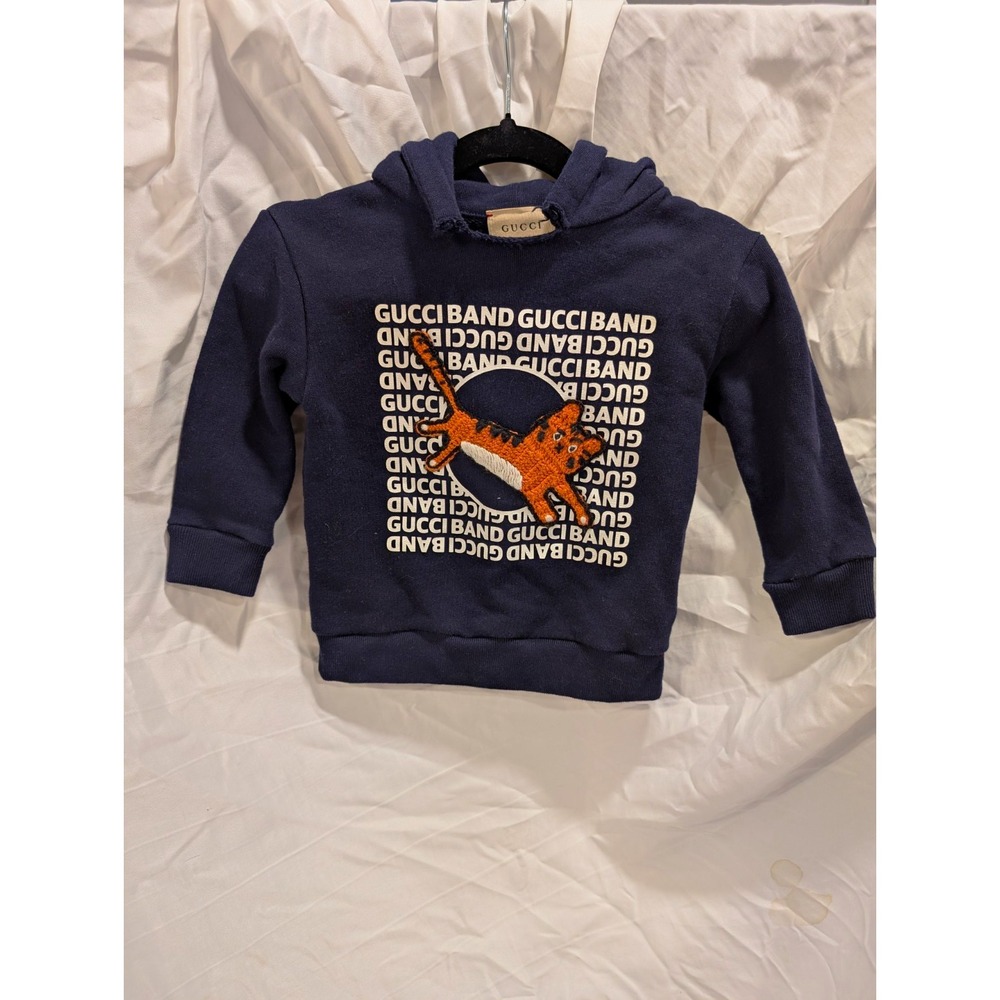 Gucci Navy Pullover Hoodie 9-12M Cotton Fleece Embroidered Tiger Logo Italy